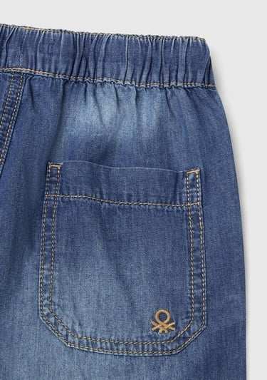  Erkek Çocuk Koyu Denim Arka Cebi Logo İşlemeli Büzgü İpli Denim Bermuda Şort
