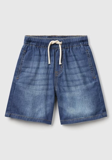  Erkek Çocuk Koyu Denim Arka Cebi Logo İşlemeli Büzgü İpli Denim Bermuda Şort