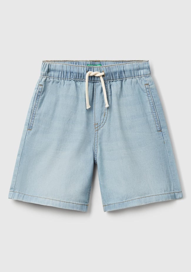  Erkek Çocuk Açık Denim Arka Cebi Logo İşlemeli Büzgü İpli Denim Bermuda Şort