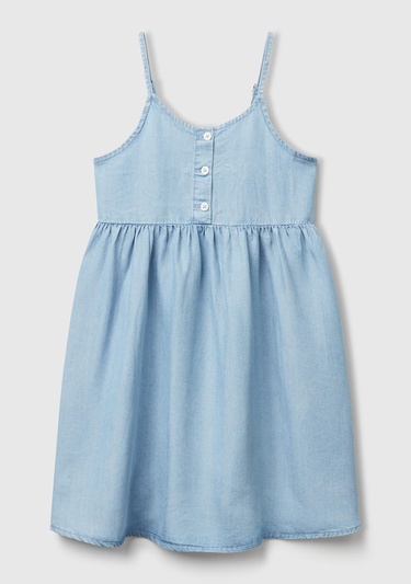  Kız Çocuk Denim %100 Liyosel Sırtı Lastikli Önü Düğmeli Pileli Askılı Elbise