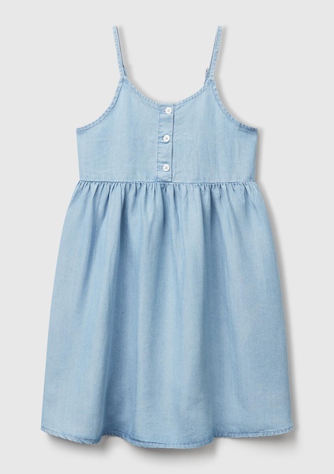  Kız Çocuk Denim %100 Liyosel Sırtı Lastikli Önü Düğmeli Pileli Askılı Elbise