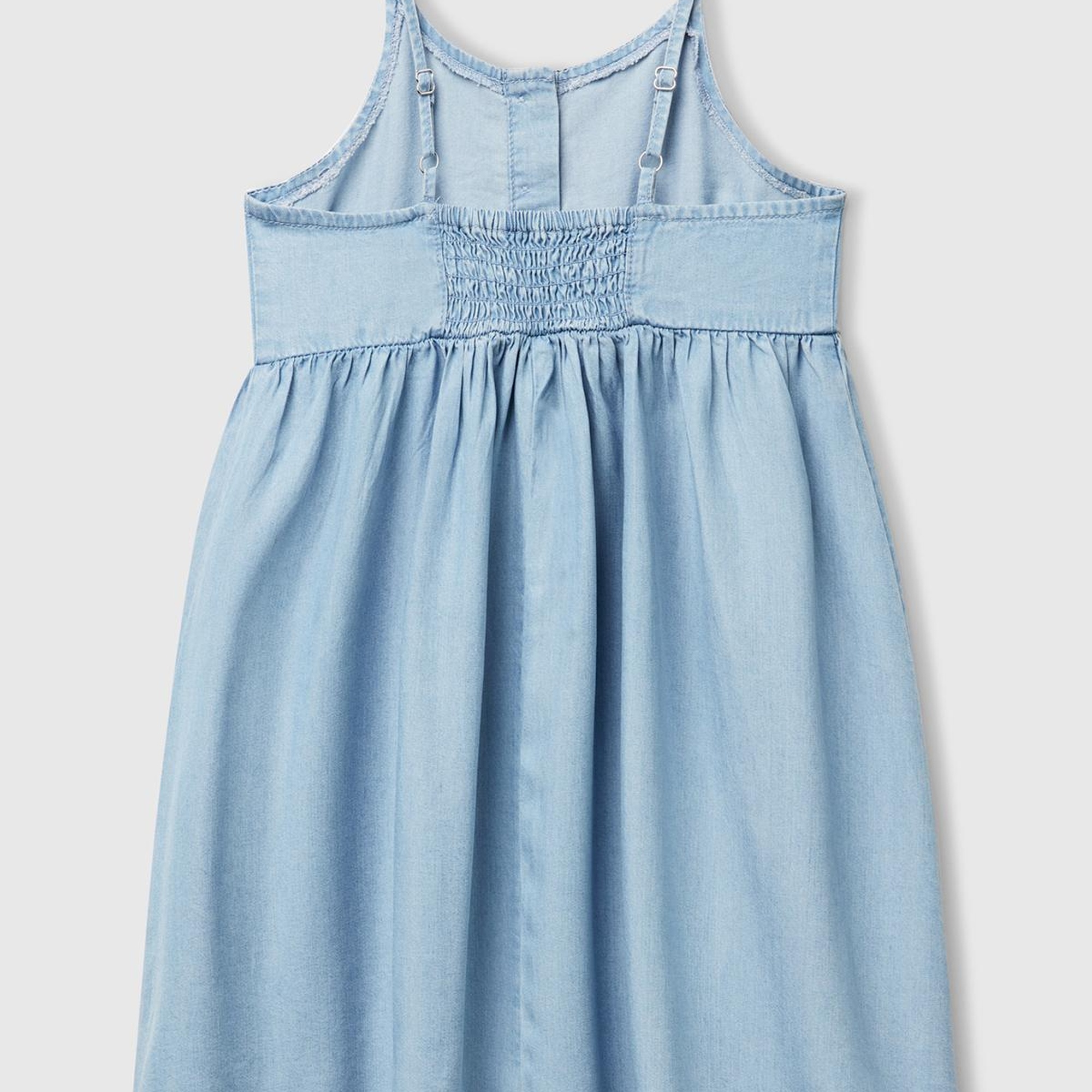 Kız Çocuk Denim %100 Liyosel Sırtı Lastikli Önü Düğmeli Pileli Askılı Elbise