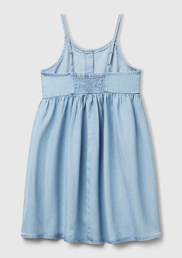  Kız Çocuk Denim %100 Liyosel Sırtı Lastikli Önü Düğmeli Pileli Askılı Elbise