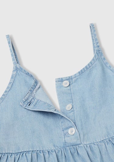  Kız Çocuk Denim %100 Liyosel Sırtı Lastikli Önü Düğmeli Pileli Askılı Elbise