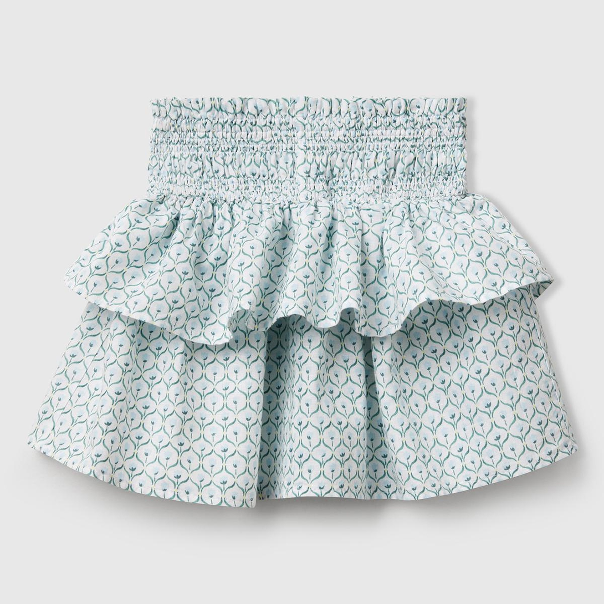 Kız Çocuk Buz Mavi Keten Karışımlı Tamamı Desenli Beli Büzgülü Katlı Etek