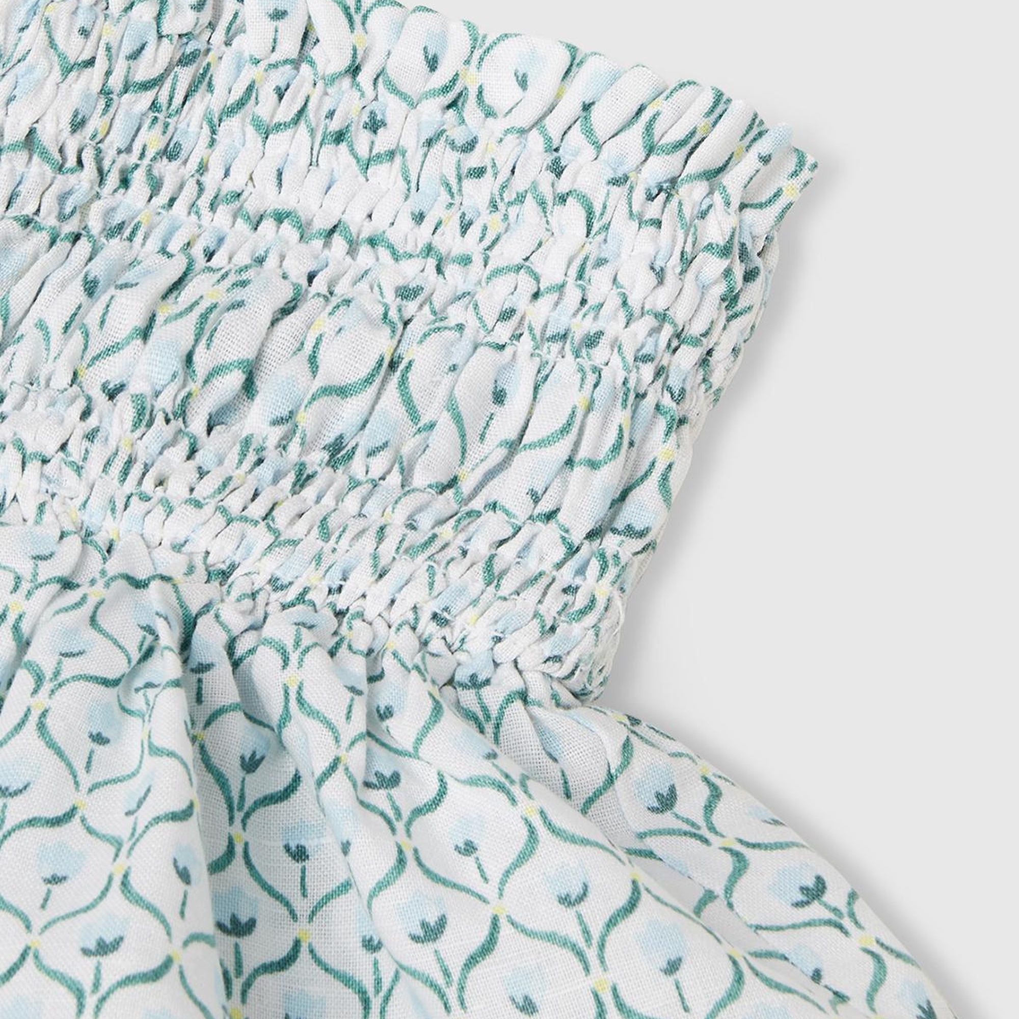 Kız Çocuk Buz Mavi Keten Karışımlı Tamamı Desenli Beli Büzgülü Katlı Etek