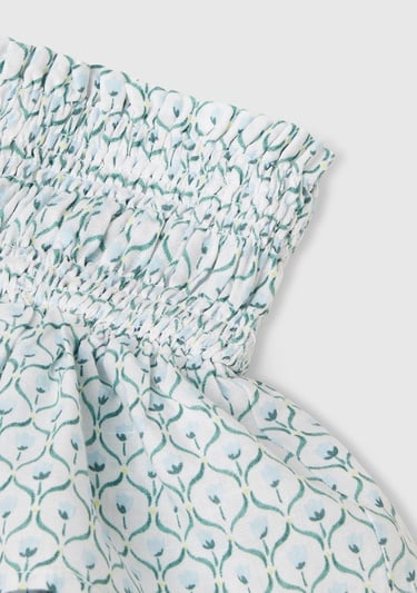  Kız Çocuk Buz Mavi Keten Karışımlı Tamamı Desenli Beli Büzgülü Katlı Etek