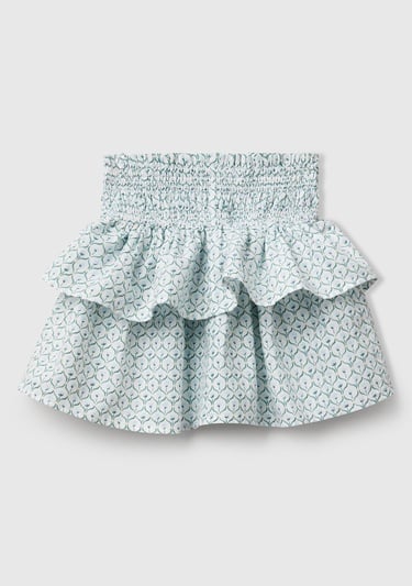  Kız Çocuk Buz Mavi Keten Karışımlı Tamamı Desenli Beli Büzgülü Katlı Etek