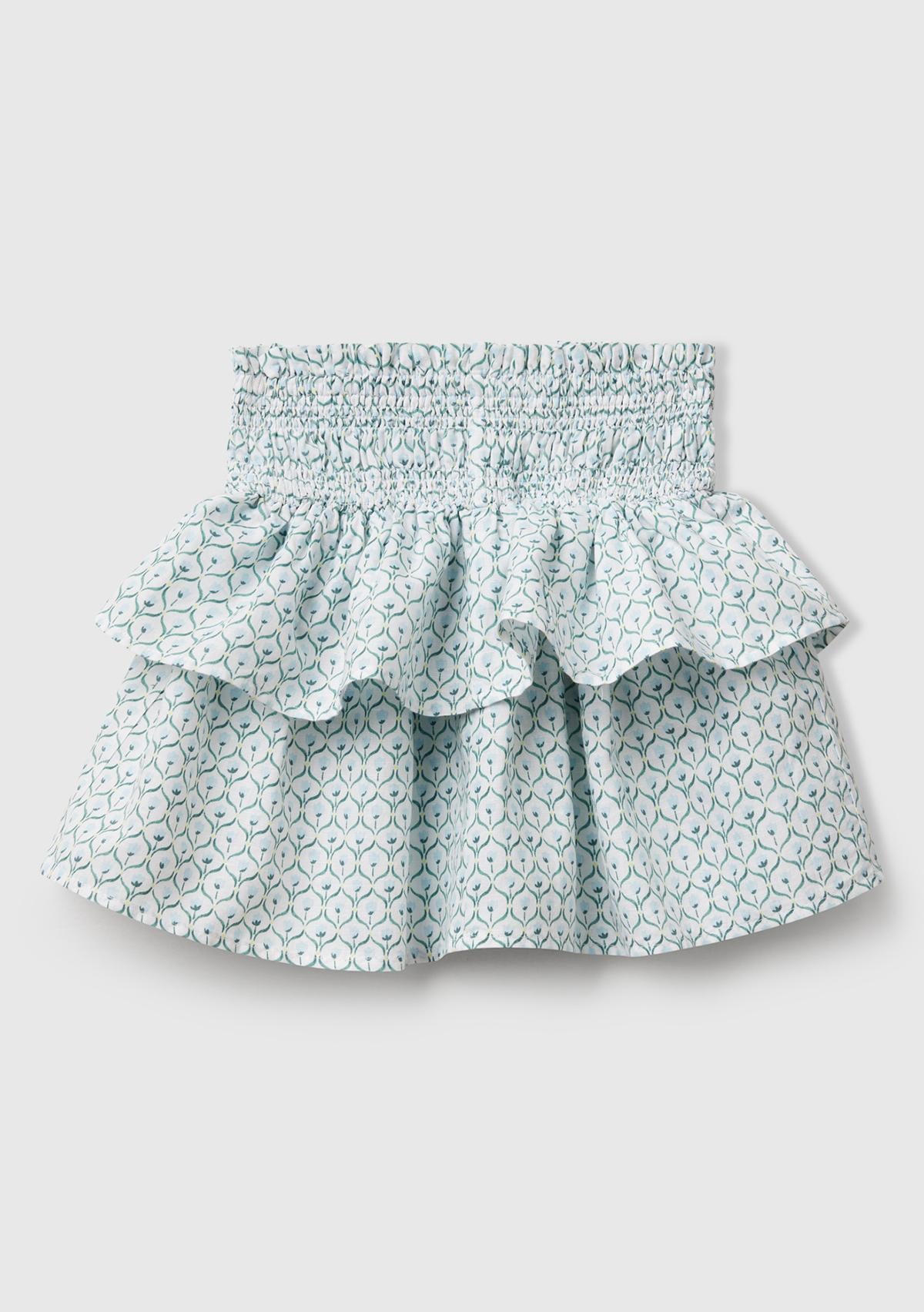  Kız Çocuk Buz Mavi Keten Karışımlı Tamamı Desenli Beli Büzgülü Katlı Etek