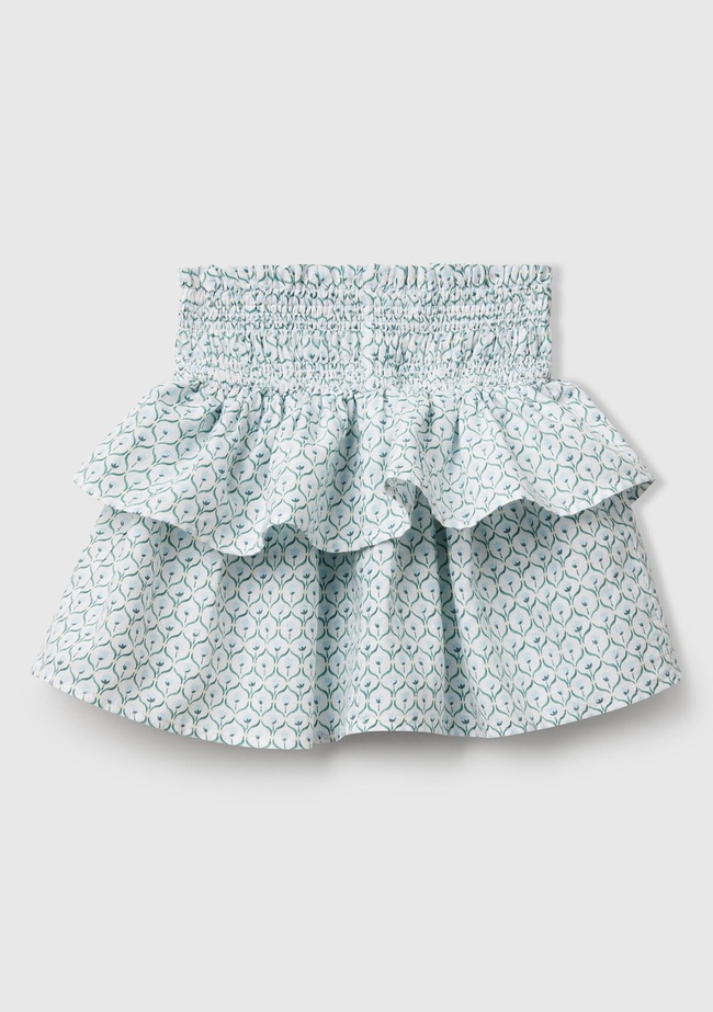  Kız Çocuk Buz Mavi Keten Karışımlı Tamamı Desenli Beli Büzgülü Katlı Etek