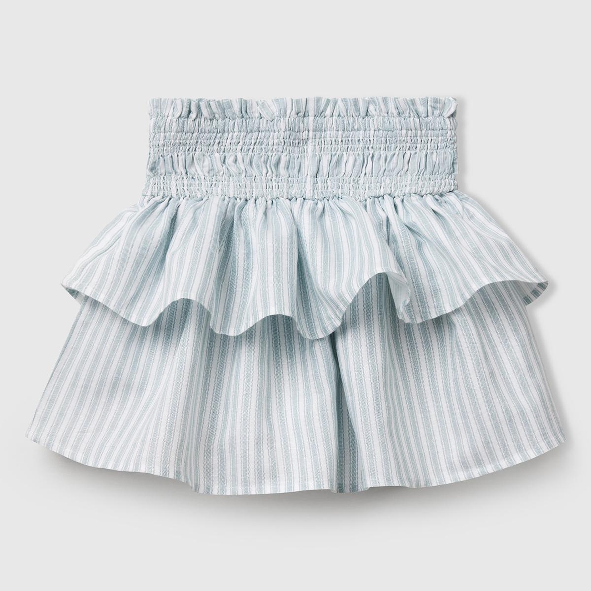 Kız Çocuk Yeşil Keten Karışımlı Tamamı Desenli Beli Büzgülü Katlı Etek