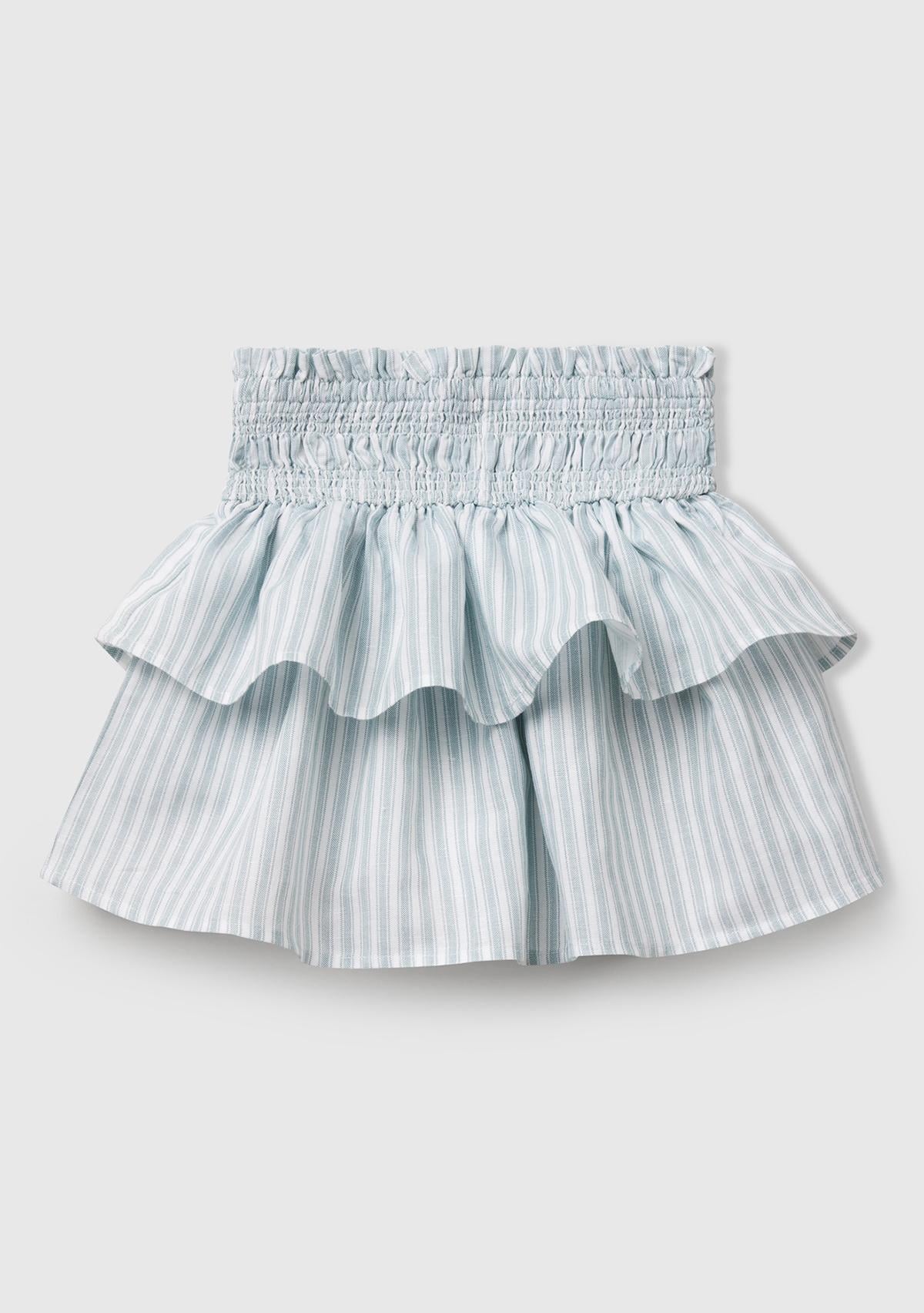  Kız Çocuk Yeşil Keten Karışımlı Tamamı Desenli Beli Büzgülü Katlı Etek