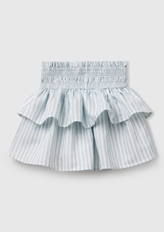  Kız Çocuk Yeşil Keten Karışımlı Tamamı Desenli Beli Büzgülü Katlı Etek