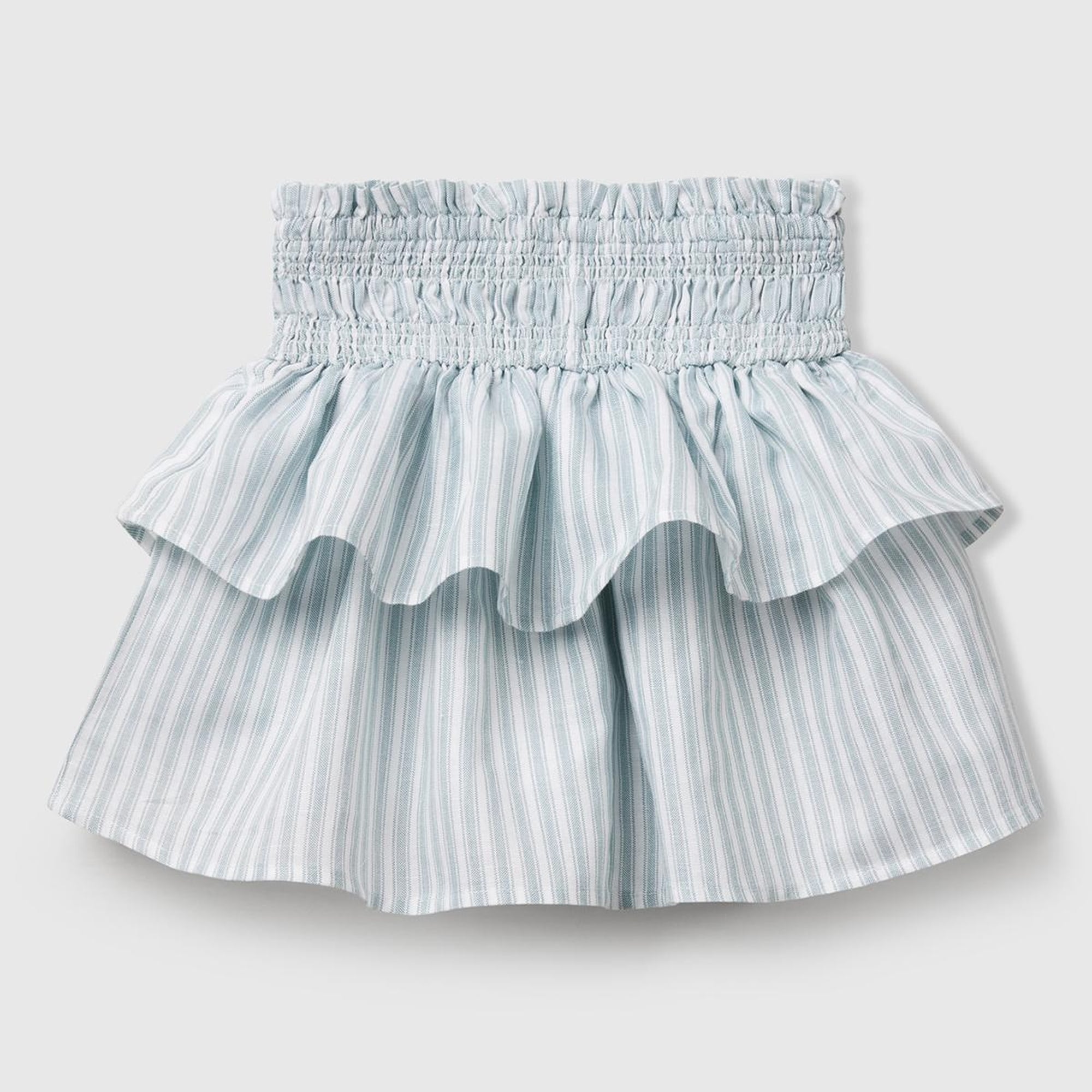 Kız Çocuk Yeşil Keten Karışımlı Tamamı Desenli Beli Büzgülü Katlı Etek