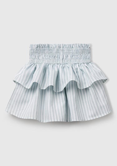  Kız Çocuk Yeşil Keten Karışımlı Tamamı Desenli Beli Büzgülü Katlı Etek