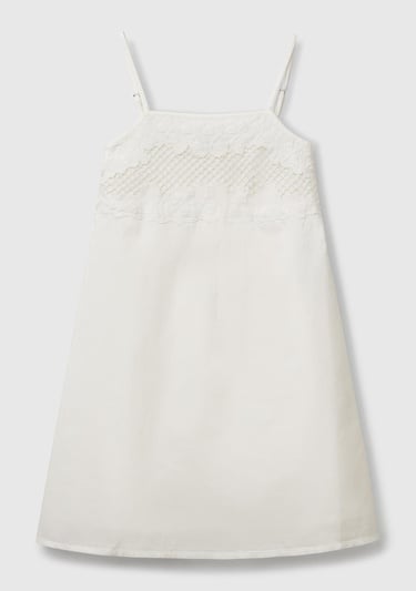  Kız Çocuk Beyaz Üstü İşleme Detaylı Pileli Ayarlanabilir Omuz Askılı Elbise