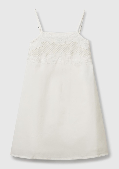  Kız Çocuk Beyaz Üstü İşleme Detaylı Pileli Ayarlanabilir Omuz Askılı Elbise