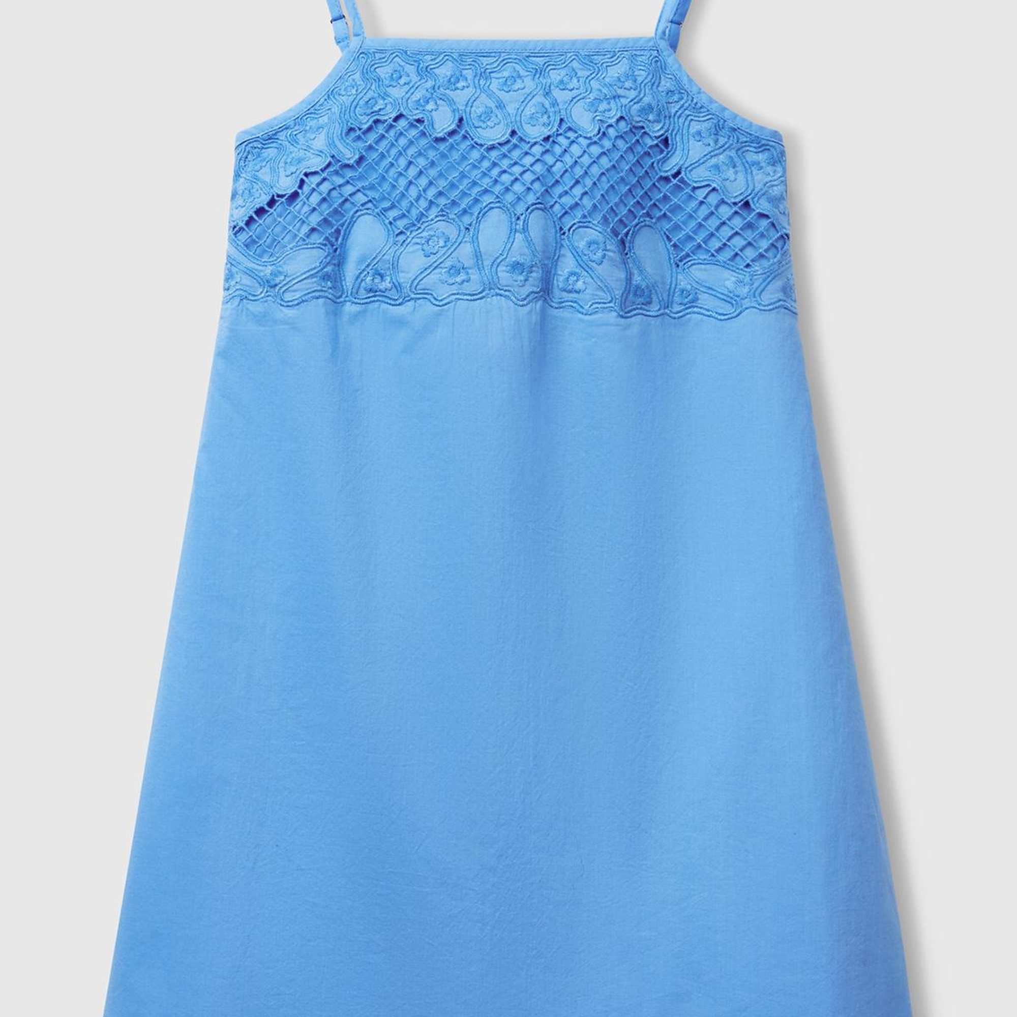 Kız Çocuk Mavi Üstü İşleme Detaylı Pileli Ayarlanabilir Omuz Askılı Elbise