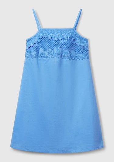  Kız Çocuk Mavi Üstü İşleme Detaylı Pileli Ayarlanabilir Omuz Askılı Elbise