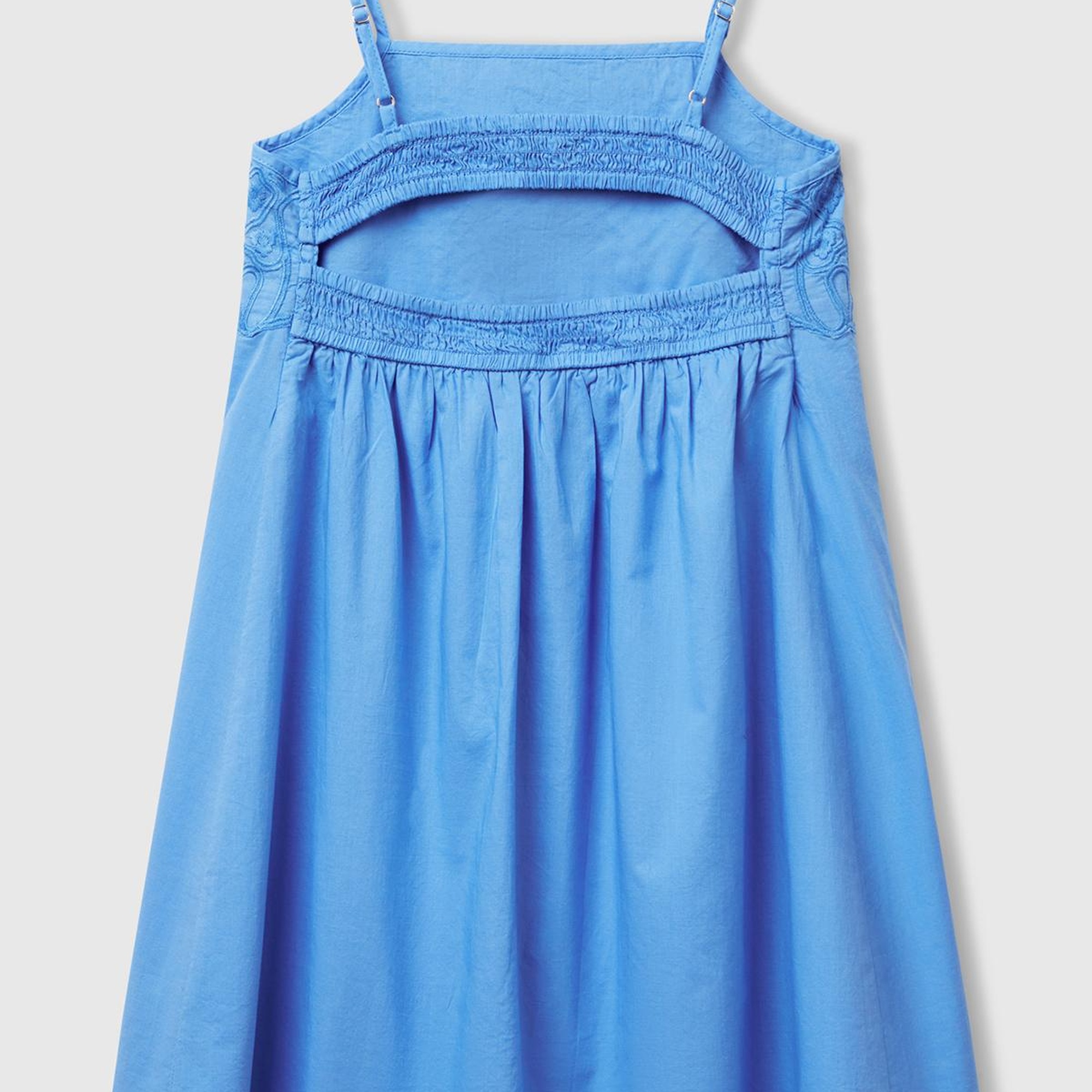 Kız Çocuk Mavi Üstü İşleme Detaylı Pileli Ayarlanabilir Omuz Askılı Elbise