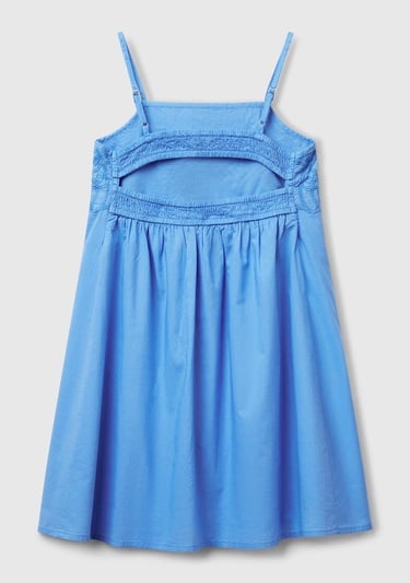 Kız Çocuk Mavi Üstü İşleme Detaylı Pileli Ayarlanabilir Omuz Askılı Elbise
