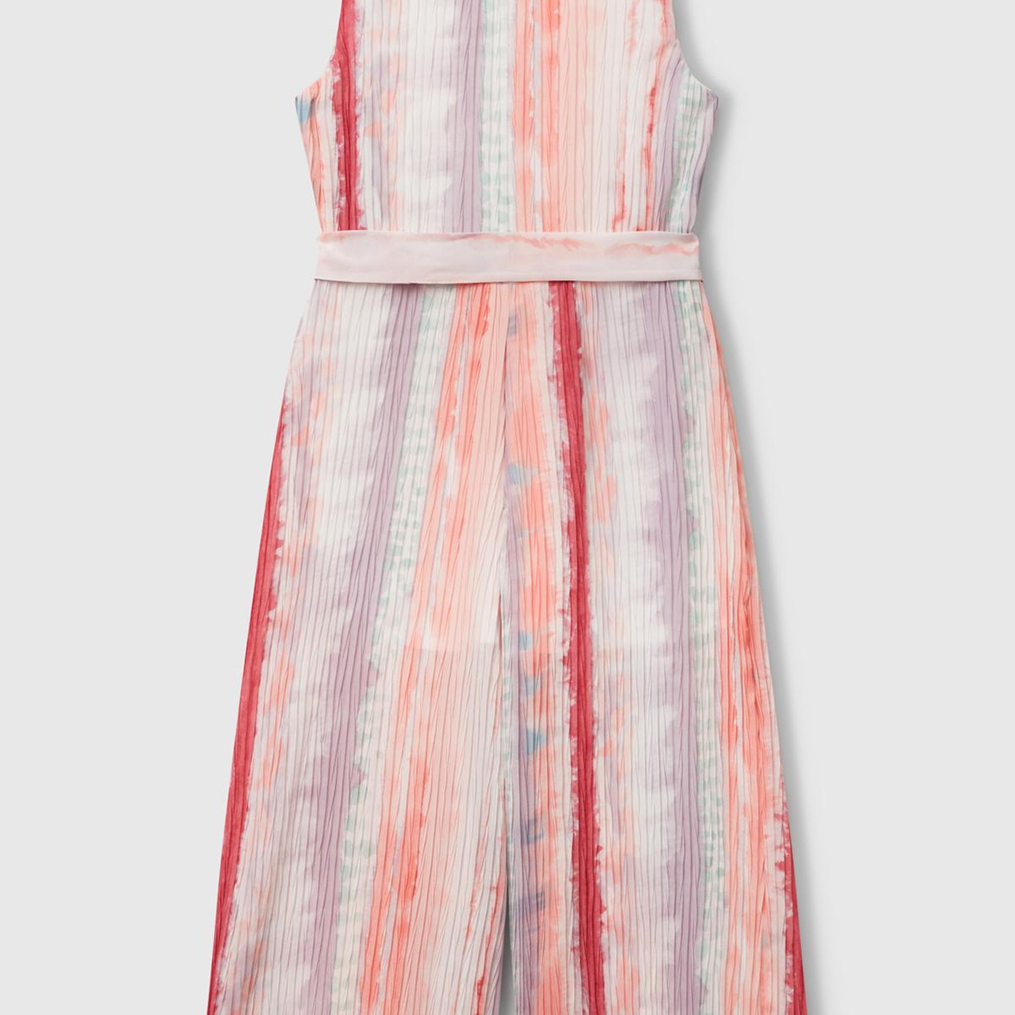 Kız Çocuk Renkli Tamamı Desenli Kuşaklı Arkası Fermuarlı Kolsuz Tulum