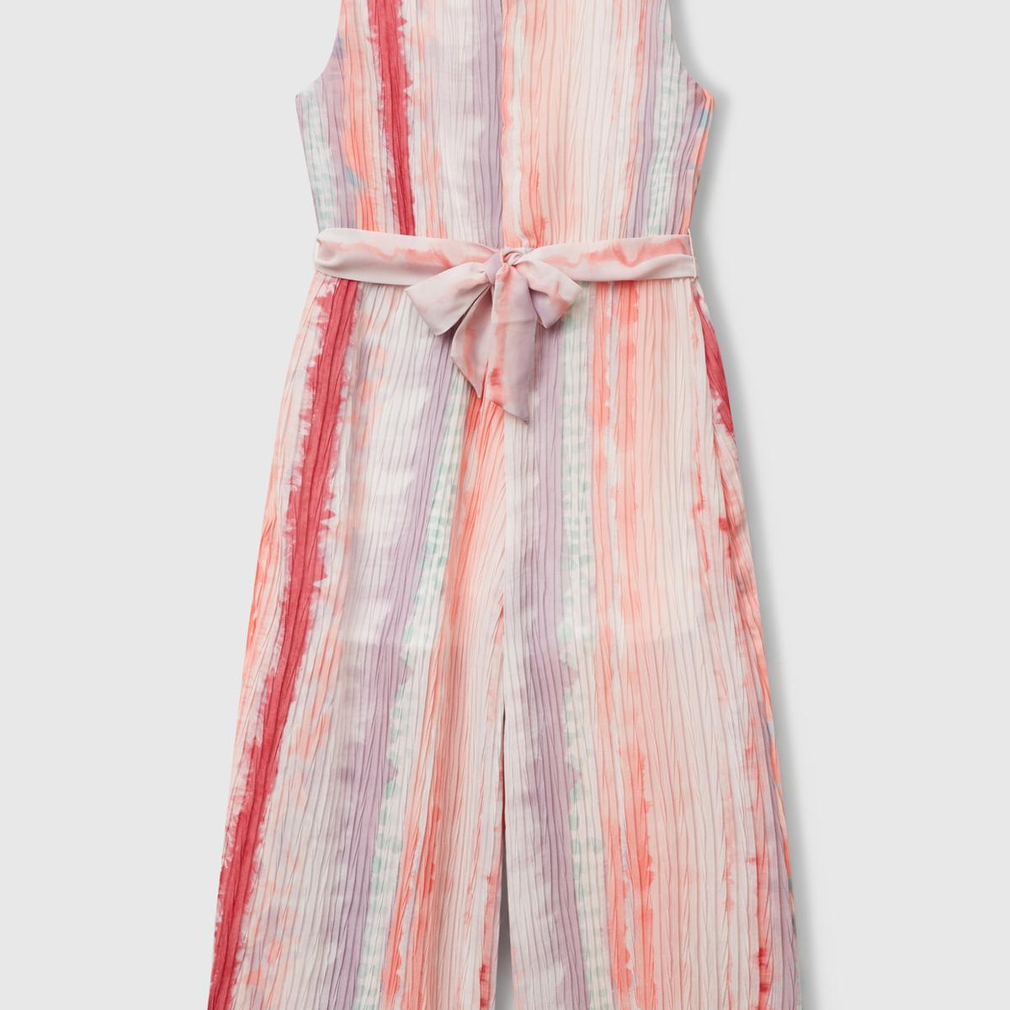 Kız Çocuk Renkli Tamamı Desenli Kuşaklı Arkası Fermuarlı Kolsuz Tulum