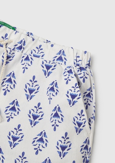  Kız Çocuk Mavi Desenli Büzgü İpli Wide Leg Pantolon