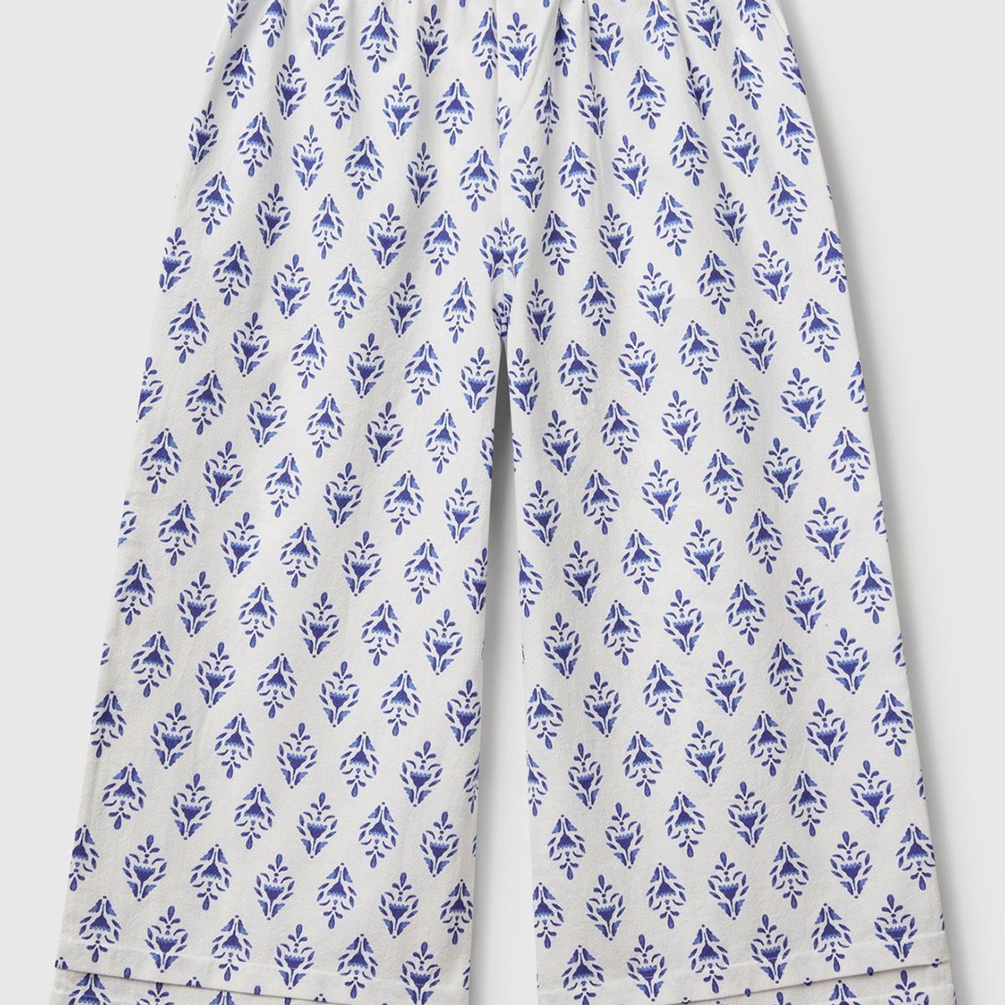 Kız Çocuk Mavi Desenli Büzgü İpli Wide Leg Pantolon