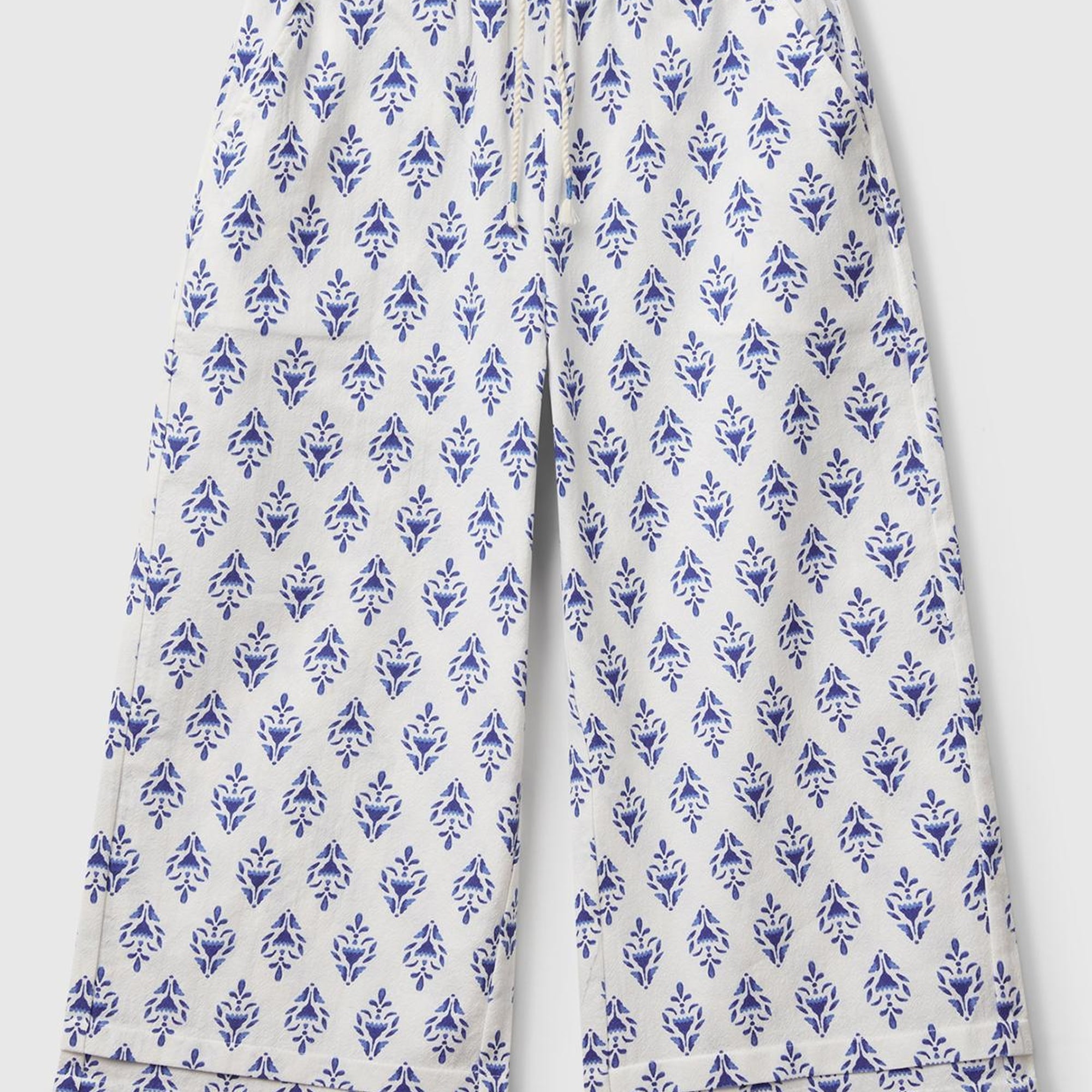 Kız Çocuk Mavi Desenli Büzgü İpli Wide Leg Pantolon