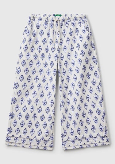  Kız Çocuk Mavi Desenli Büzgü İpli Wide Leg Pantolon