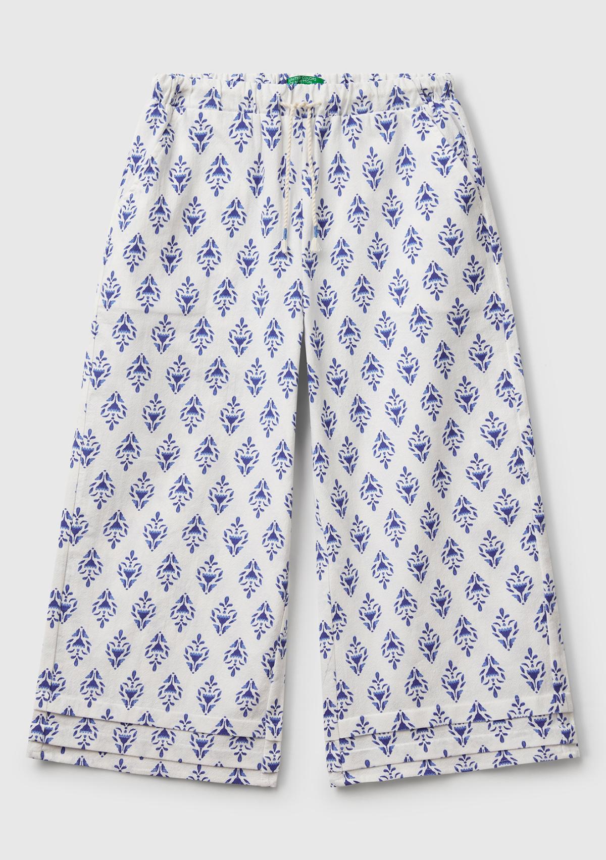  Kız Çocuk Mavi Desenli Büzgü İpli Wide Leg Pantolon