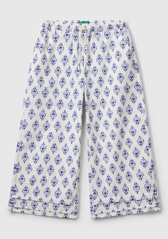  Kız Çocuk Mavi Desenli Büzgü İpli Wide Leg Pantolon