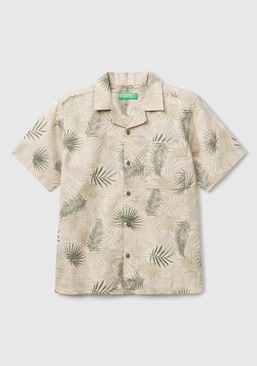  Erkek Çocuk Desenli Keten Karışımlı Tamamı Desenli Tek Cep Detaylı Kısa Kollu Gömlek