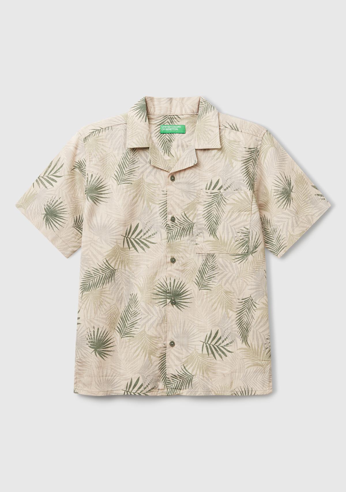  Erkek Çocuk Desenli Keten Karışımlı Tamamı Desenli Tek Cep Detaylı Kısa Kollu Gömlek