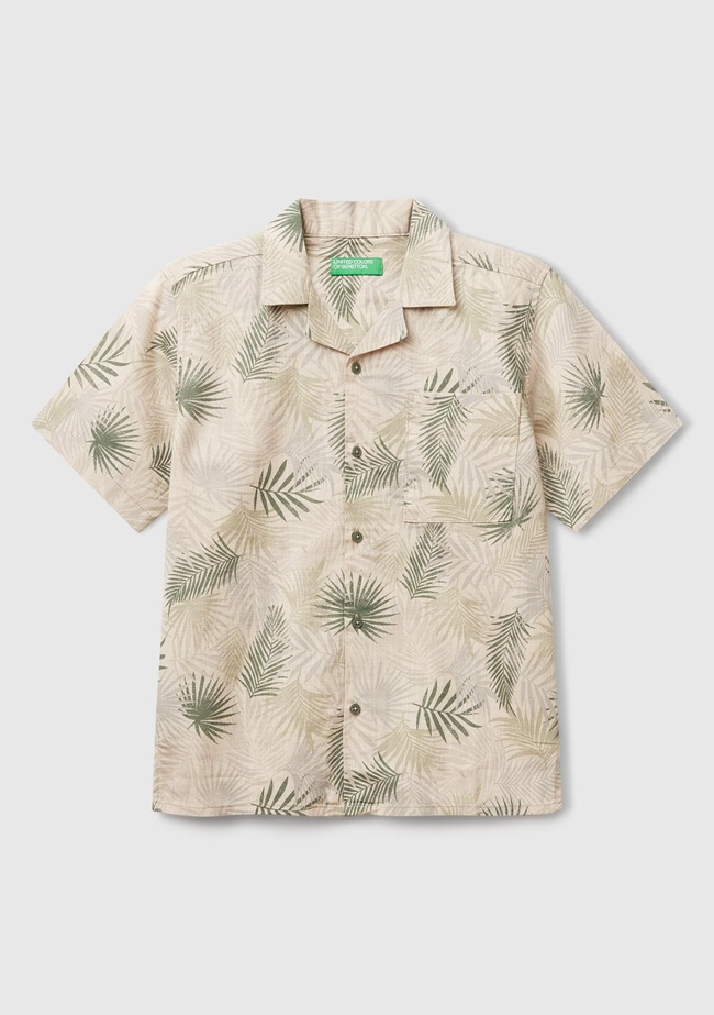  Erkek Çocuk Desenli Keten Karışımlı Tamamı Desenli Tek Cep Detaylı Kısa Kollu Gömlek