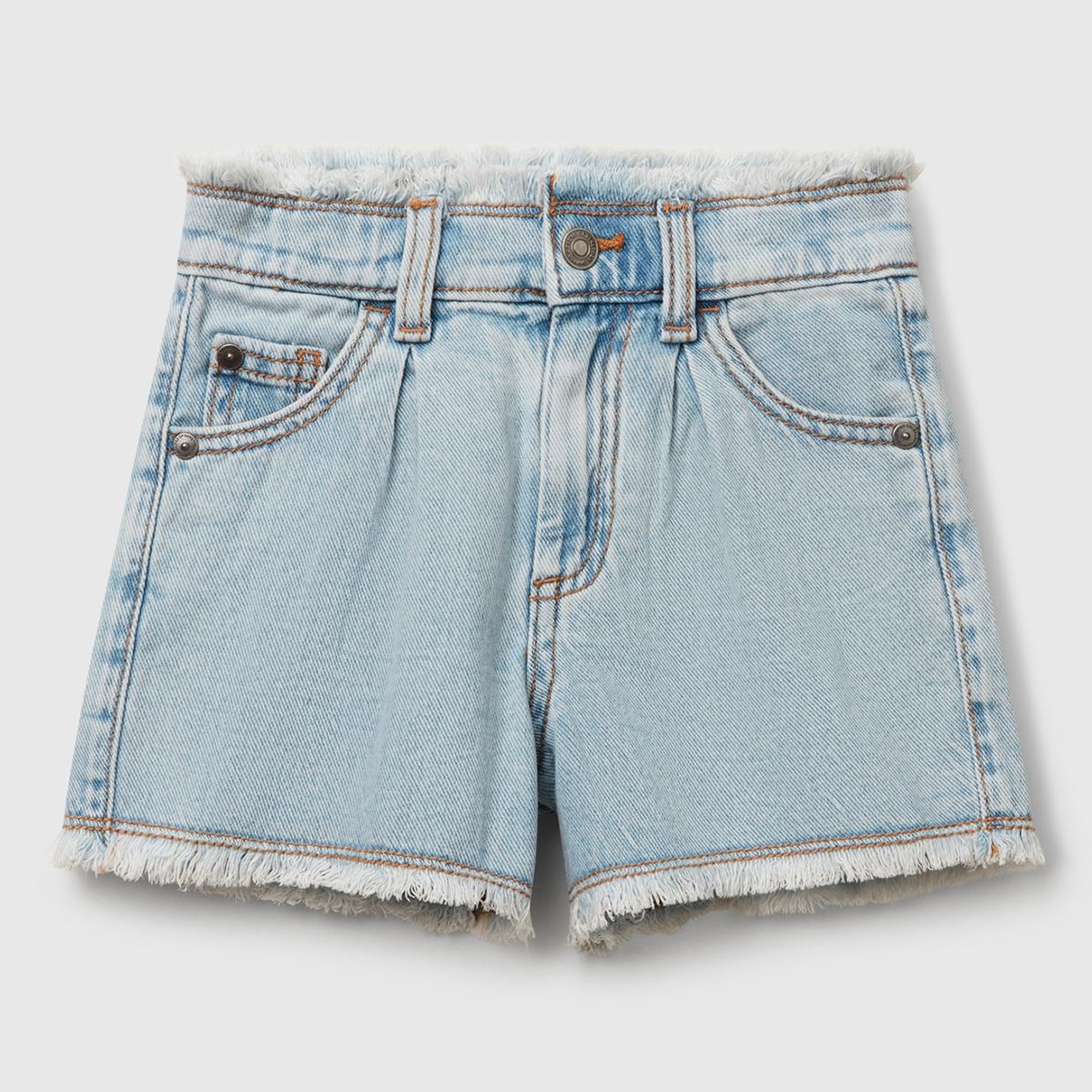 Kız Çocuk Açık Denim Arka Cebi Logo Etiketli Beli Lastikli Denim Şort