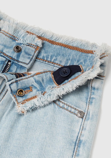  Kız Çocuk Açık Denim Arka Cebi Logo Etiketli Beli Lastikli Denim Şort