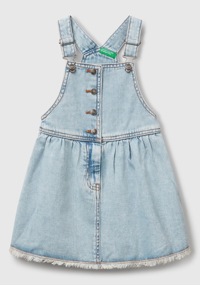  Kız Çocuk Açık Denim Taş Yıkama Pileli Ayarlanabilir Askılı Denim Salopet