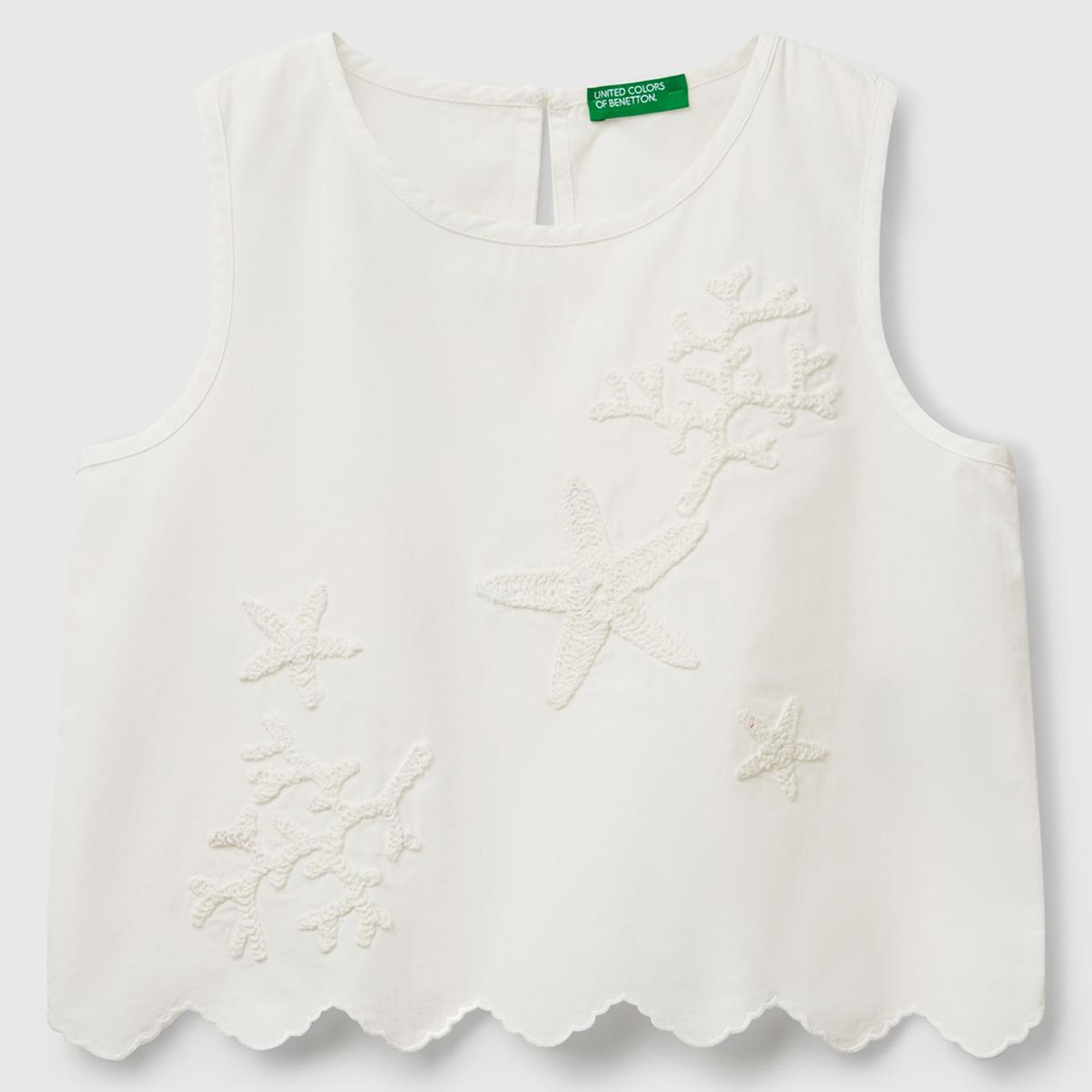 Kız Çocuk Beyaz Önü İşlemeli Arkası Düğmeli Muslin Kolsuz Üst