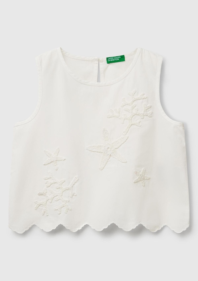  Kız Çocuk Beyaz Önü İşlemeli Arkası Düğmeli Muslin Kolsuz Üst