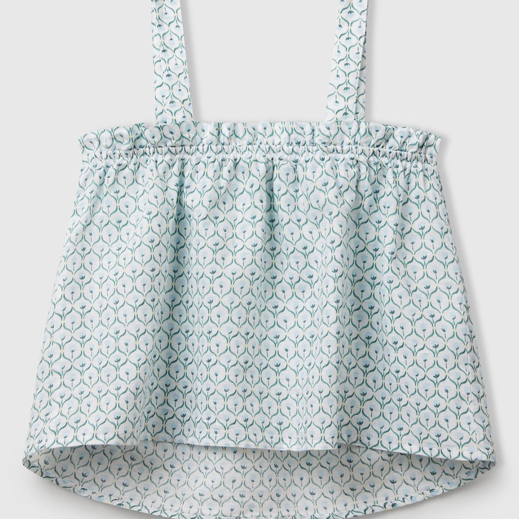 Kız Çocuk Buz Mavi Keten Karışımlı Tamamı Desenli Fırfırlı Askılı Üst