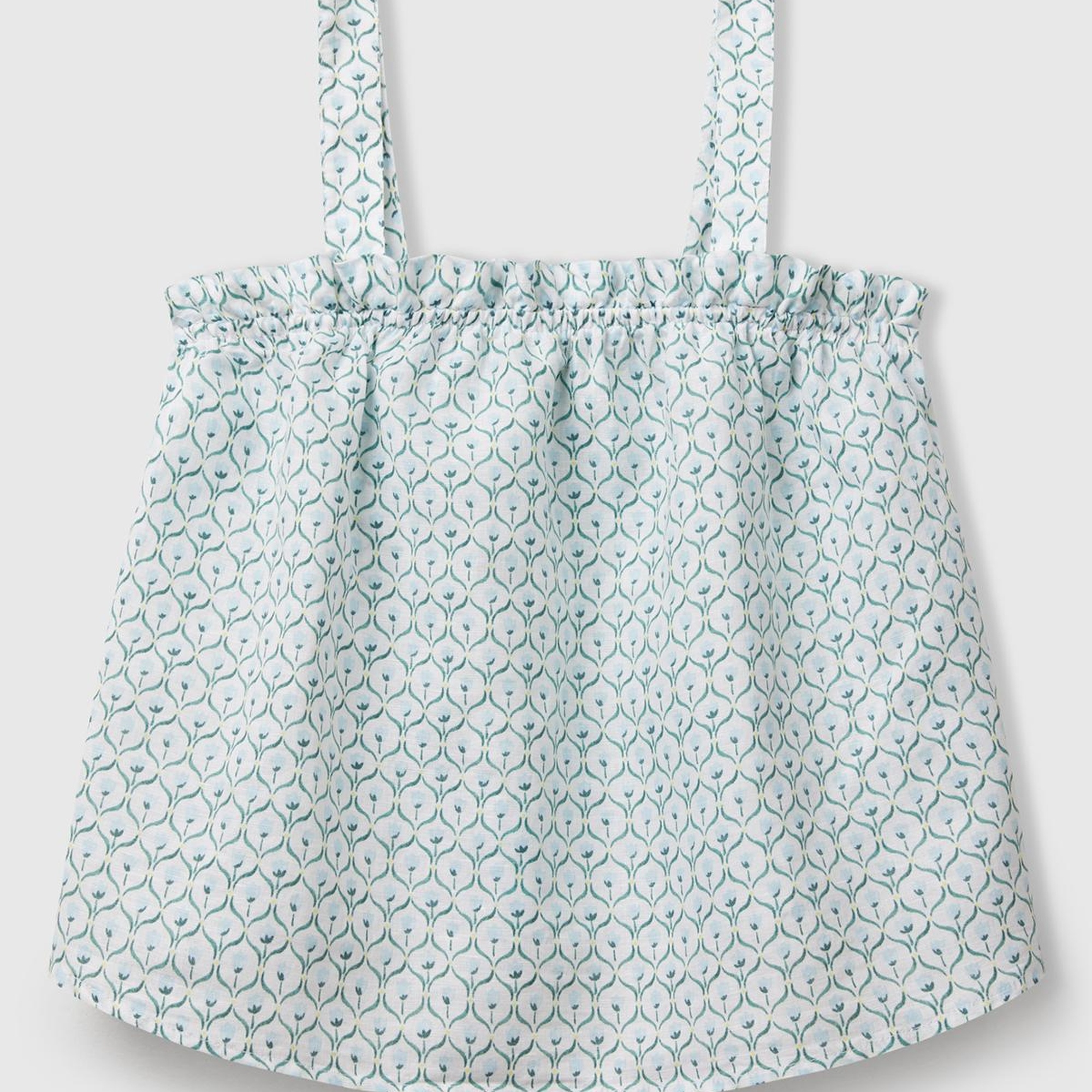 Kız Çocuk Buz Mavi Keten Karışımlı Tamamı Desenli Fırfırlı Askılı Üst