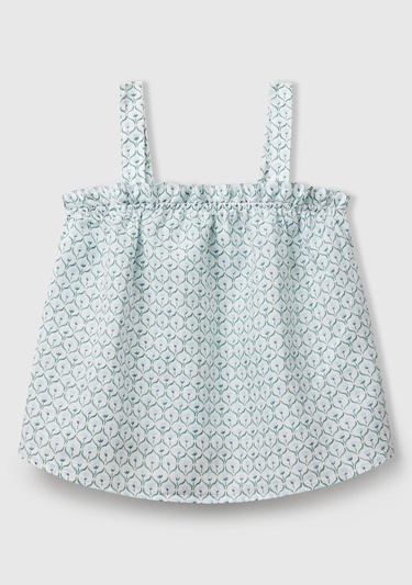  Kız Çocuk Buz Mavi Keten Karışımlı Tamamı Desenli Fırfırlı Askılı Üst