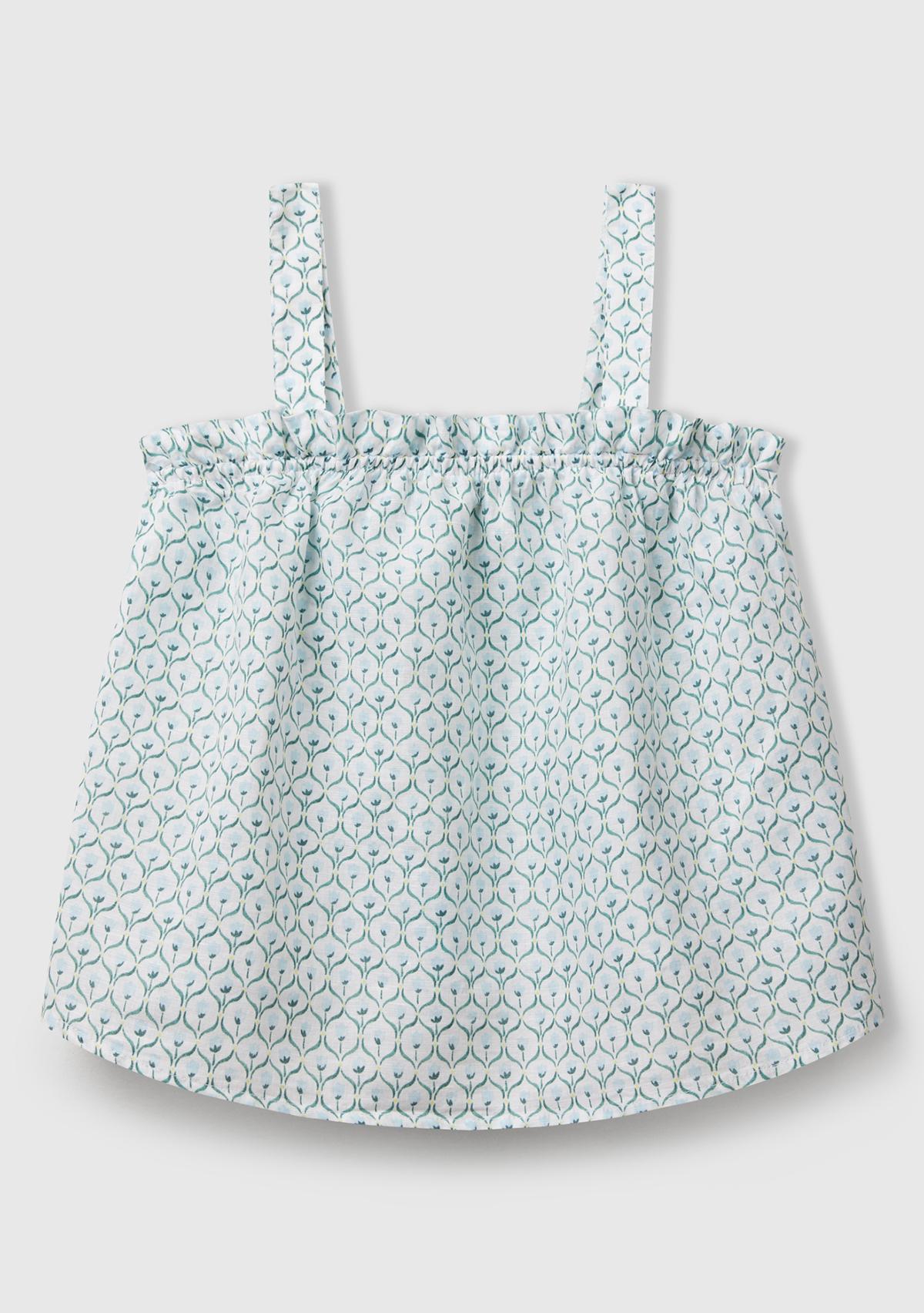  Kız Çocuk Buz Mavi Keten Karışımlı Tamamı Desenli Fırfırlı Askılı Üst