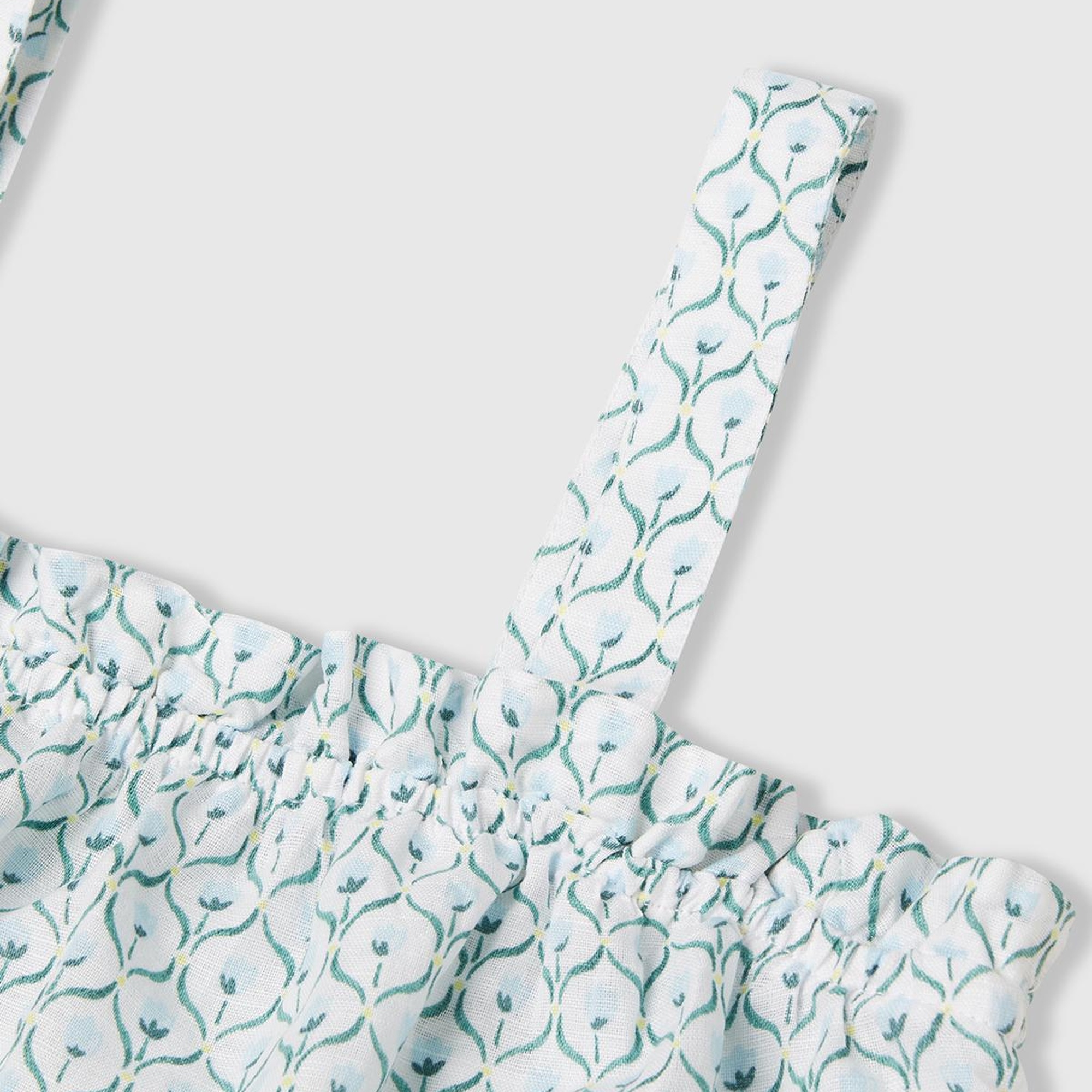 Kız Çocuk Buz Mavi Keten Karışımlı Tamamı Desenli Fırfırlı Askılı Üst