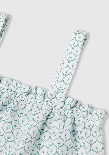  Kız Çocuk Buz Mavi Keten Karışımlı Tamamı Desenli Fırfırlı Askılı Üst