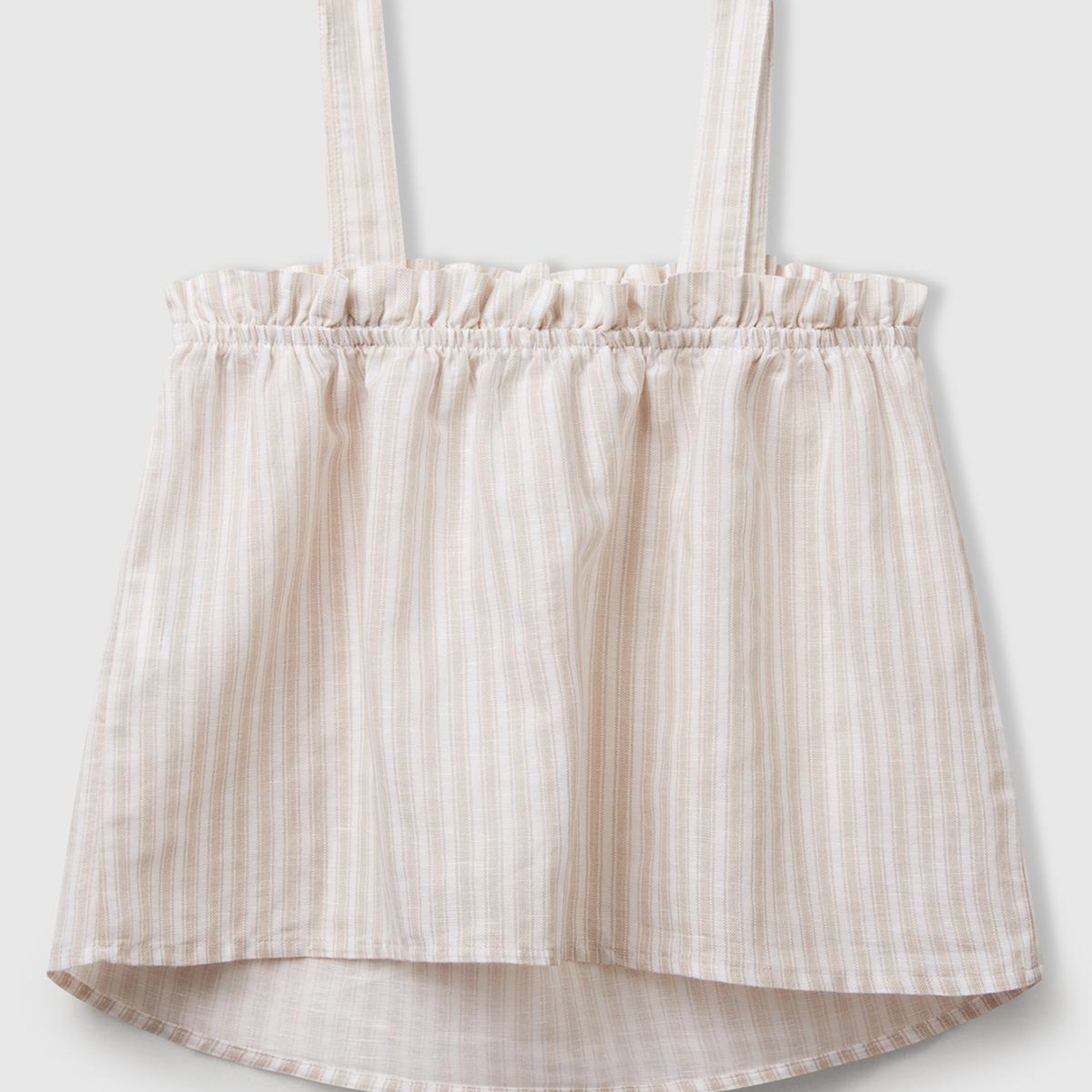 Kız Çocuk Ekru Keten Karışımlı Tamamı Desenli Fırfırlı Askılı Üst