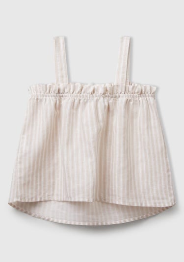  Kız Çocuk Ekru Keten Karışımlı Tamamı Desenli Fırfırlı Askılı Üst