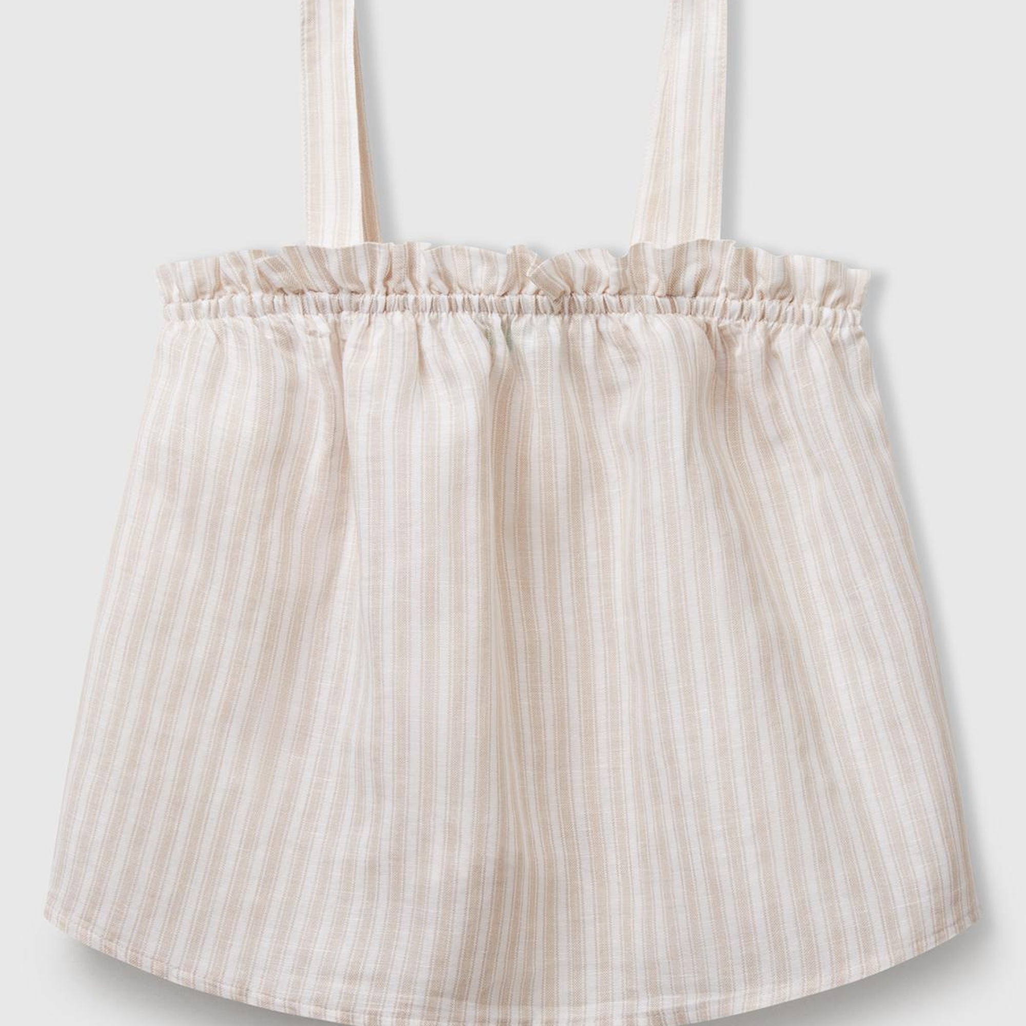 Kız Çocuk Ekru Keten Karışımlı Tamamı Desenli Fırfırlı Askılı Üst